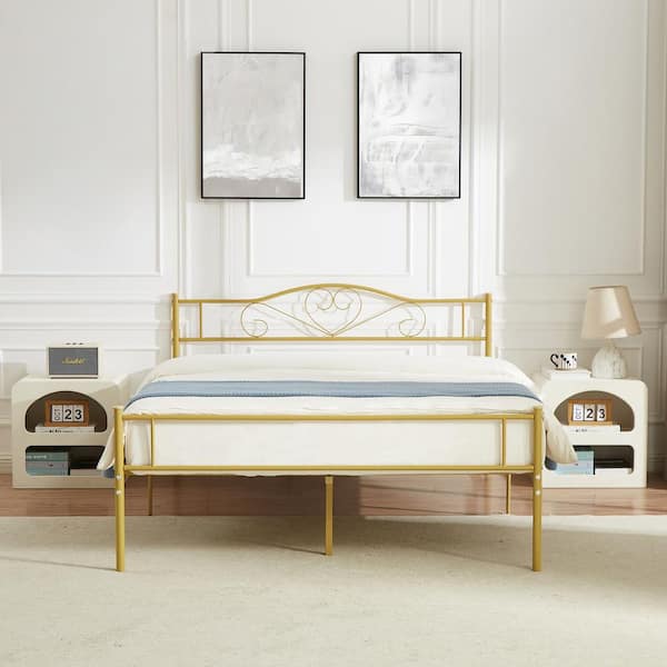 Queen Bed Frame Gold Platform Bed No Box Spring Needed Heavy Duty Steel Slats Support Bed