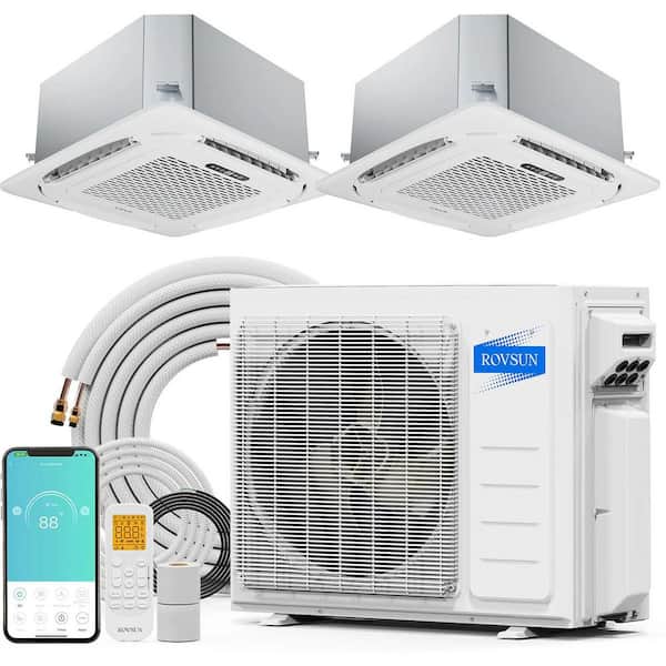 20 SEER2 20000 BTU 1.5-Ton 2-Zone WiFi Ceiling Cassette Mini Split Air Conditioner with Heat Pump 9K Plus 12K