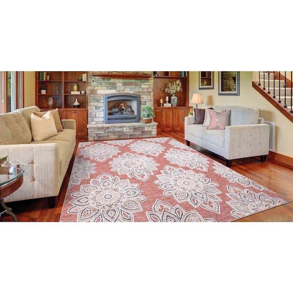 Rust 5 ft. x 7 ft. Floral Indoor/Outdoor Patio Area Rug