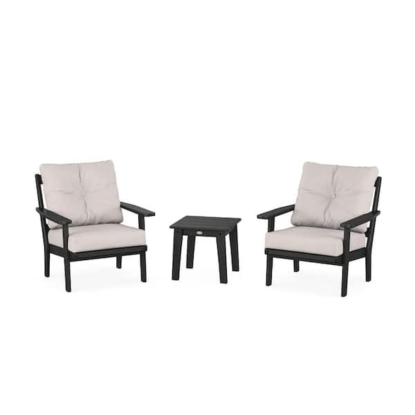 POLYWOOD Oxford 3-Pcs Plastic Patio Conversation Set in Black/Dune Burlap Cushions