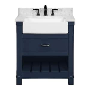 Farmville 30 in. W x 22 in. D x 34.75 in. H Vanity in Navy Blue with Carrara Marble Vanity Top in White with White Basin