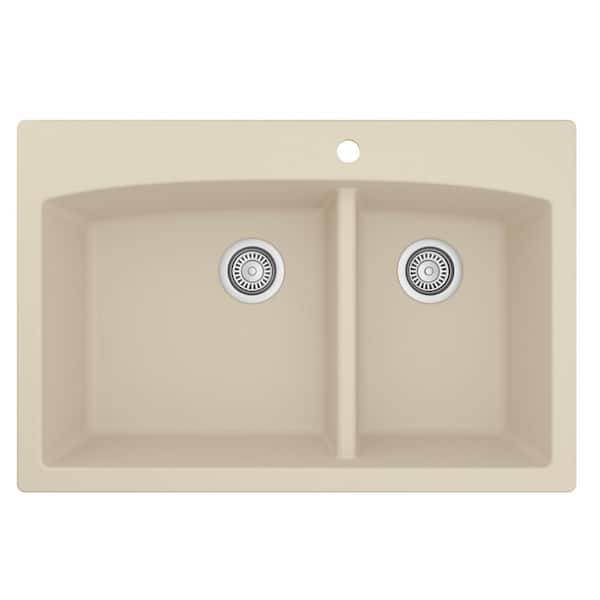Drop-In Quartz/Granite Composite 33 in. 1-Hole 60/40 Double Bowl Kitchen Sink in Bisque