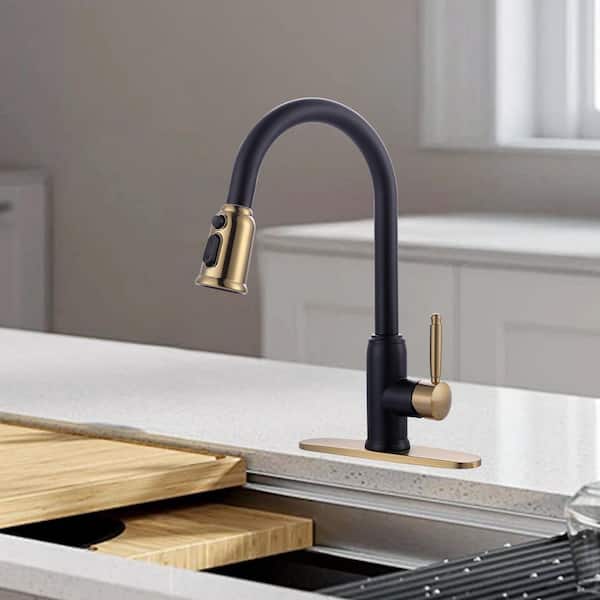 3-Spray Patterns Single Handle Pull Down Sprayer Kitchen Faucet with Deck Plate in Stainless Steel Black and Gold