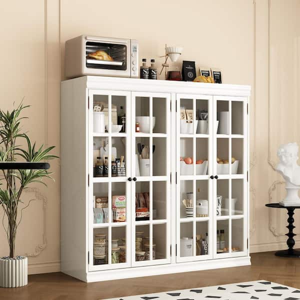 FUFU&GAGA White Wooden 47.2 in. Width Sideboard, Accent Storage Cabinet with 8 Tier Shelves & 4 Glass Doors for Storage & Display