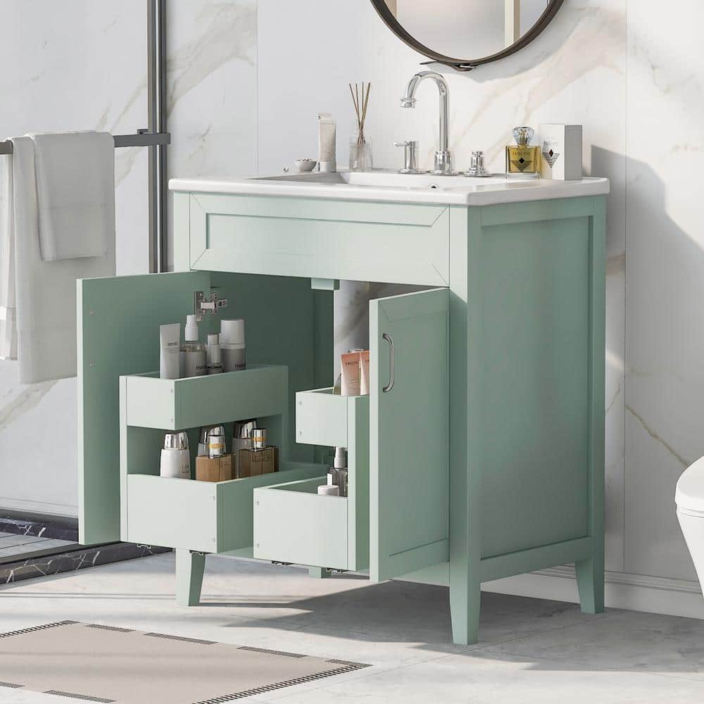 30 in. W Freestanding Bath Vanity in Green with White Ceramic Top, Doors an