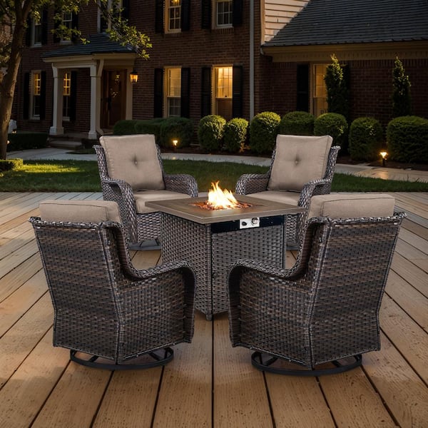 Brown 5-Piece Wicker Patio Fire Pit Set, Outdoor 4-Person Seating Set with Olefin Gray Cushions and Swivel Rockers