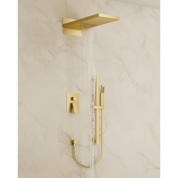 3-Spray 22 in. Wall Mount Rainfll and Waterfall Dual Shower Head 2.5 GPM in Brushed Gold(Vlave Included)
