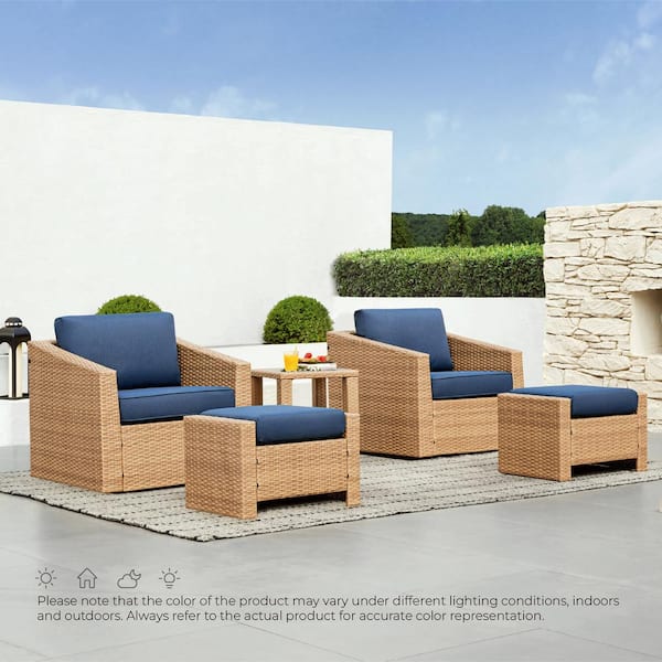 SPRUCE & SPRING Cyril 5 Pieces Brown Fabric Accent Chair Set with 2 Pieces Rattan Swivel Chairs,2 Pieces Ottomans,Side Table