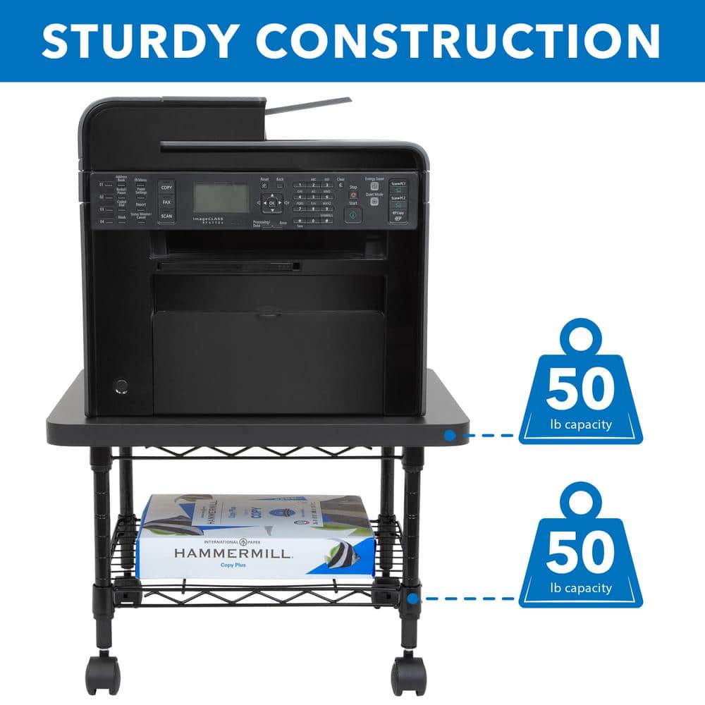 Sleek Black Steel 2-Tier Under-Desk Printer Cart with Wheels