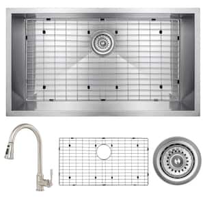 Handmade All-in-One Undermount Stainless Steel 30 in. x 18 in. Pull-down Faucet and Bottom Grid Single Bowl Kitchen Sink
