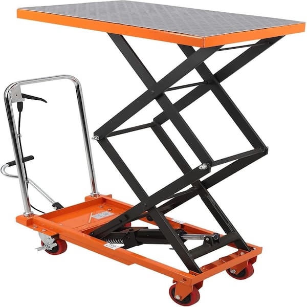 Hydraulic Lift Table Cart, 770 Lbs Capacity 59" Height Double Scissor Lift, Orange Mobile Cart with 4 Wheels
