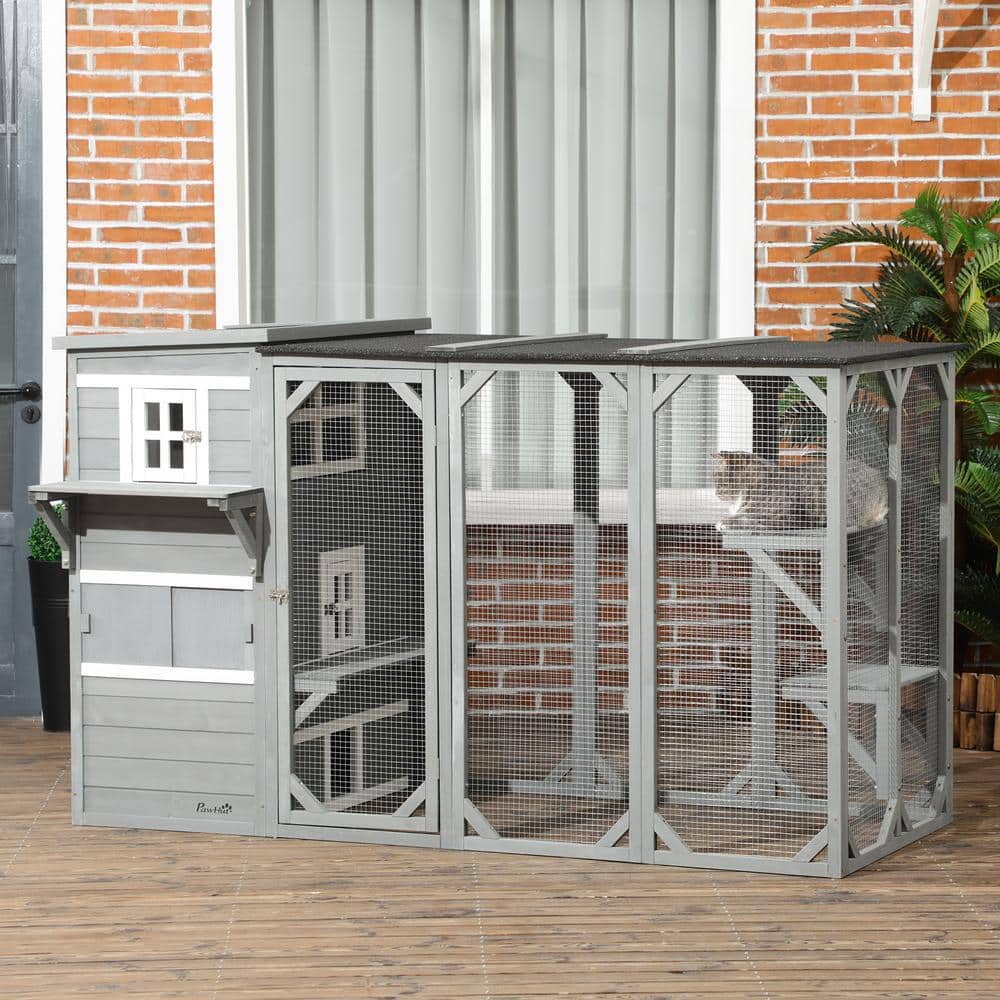Gray Multi-Level Outdoor Cat House with Platforms and Hiding Areas