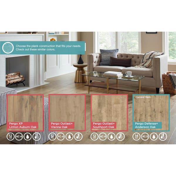 Pergo Defense+ Anderson Oak 14 mm T x 7.4 in. W Waterproof Laminate Wood Flooring (17.18 sqft/case)