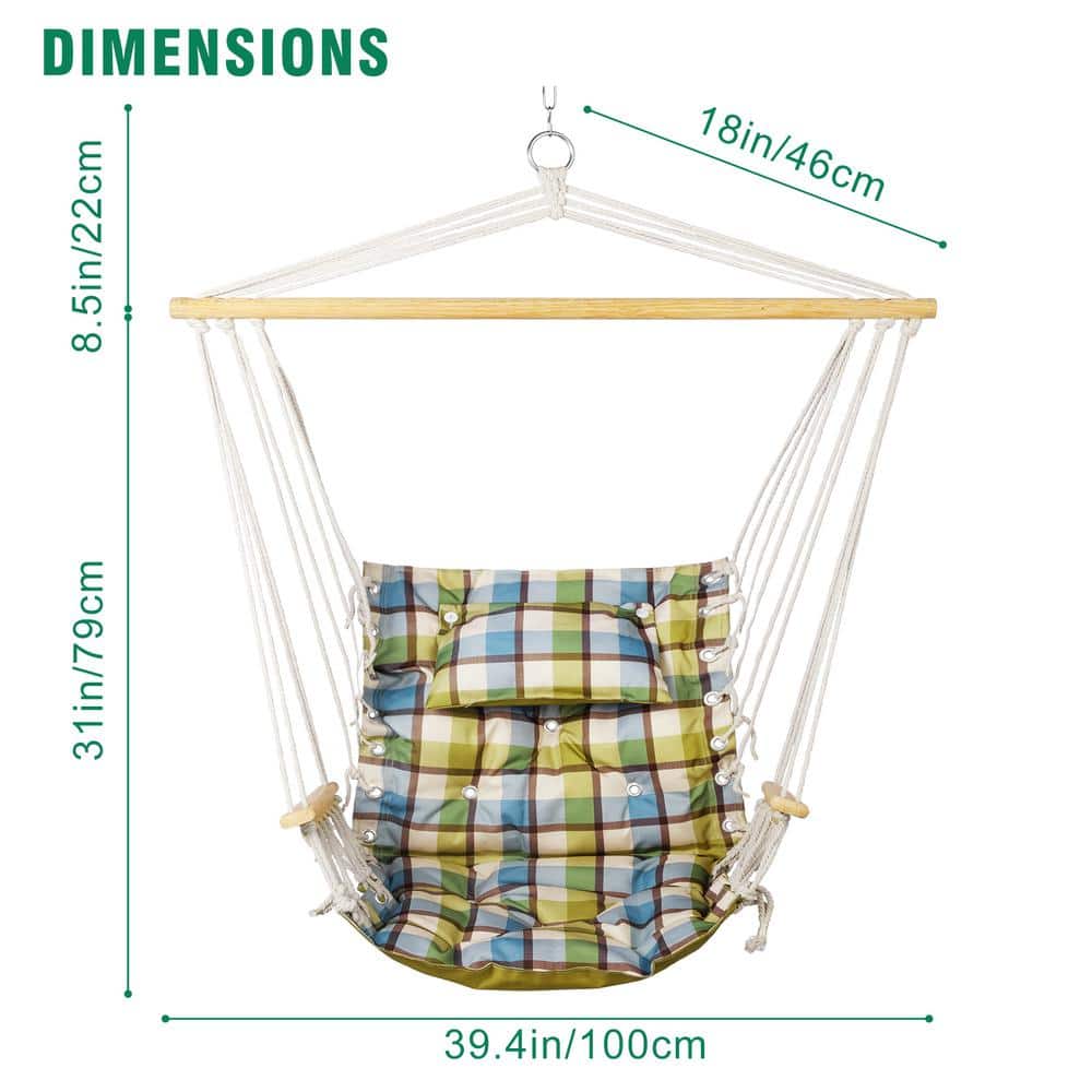 Extra Padded Green Plaid Hanging Chair with Wooden Armrests