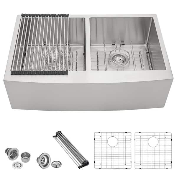 33 in. x 21 in. Farmhouse/Apron-Front Kitchen Sink Double Bowl 50/50, 16-Guage Stainless Steel Sink