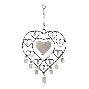 22 in. Silver Metal Heart Windchime with Bells and Chain Ring Hanger