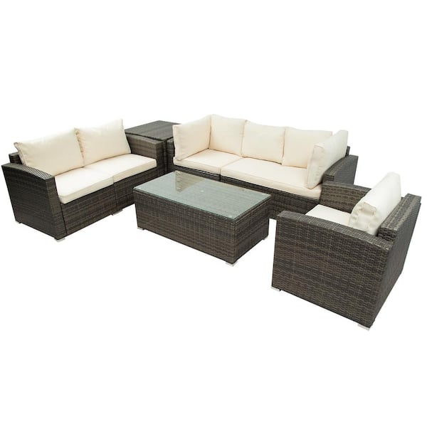 waelph Brown 7-Piece Wicker Outdoor Patio Sectional Set with Beige Cushions, Chairs A Loveseat, Table and Storage Box