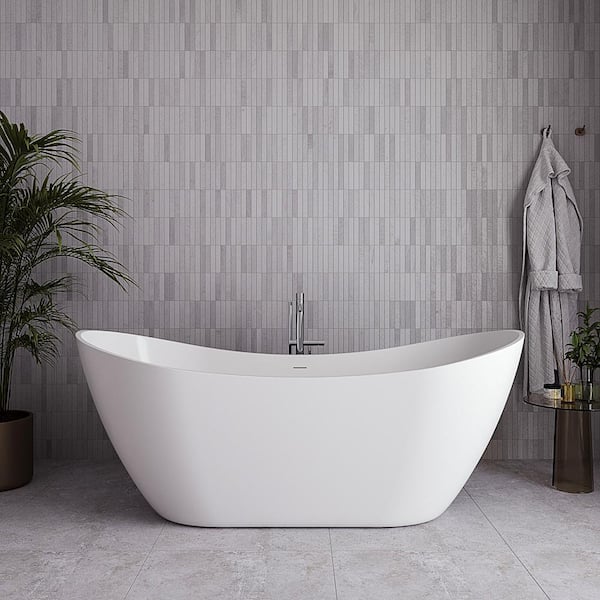 71 in. x 32 in. Acrylic Freestanding Soaking Bathtub in Glossy White with Polished Chrome Drain