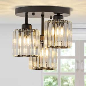 11.22 in. 3-Light Matte Black Modern/Contemporary Semi-Flush Mount Ceiling Light with Crystal Glass Shade