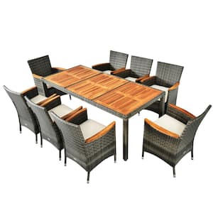 9-Piece Wicker Rattan Outdoor Dining Set with Beige Cushions