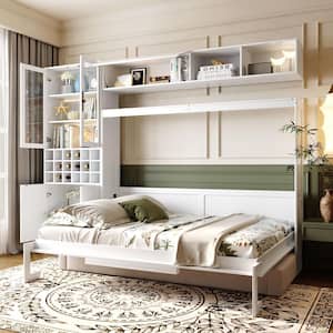 White Wood Frame Full Size Murphy Bed with Sofa, Shelves USB and Light