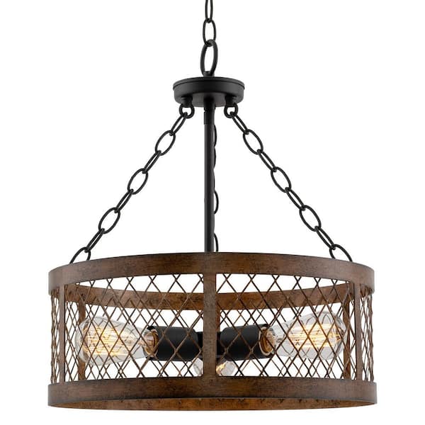 Kira Home Warwick 60-Watt 3-Light Black Transitional Chandelier with Walnut Shade, No Bulb Included