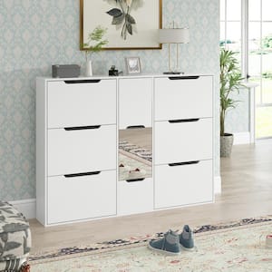 43.3 in H x 59.1 in W White Wood Shoe Storage Cabinet with a Mirror, 6 Drawers, 3 Shelves
