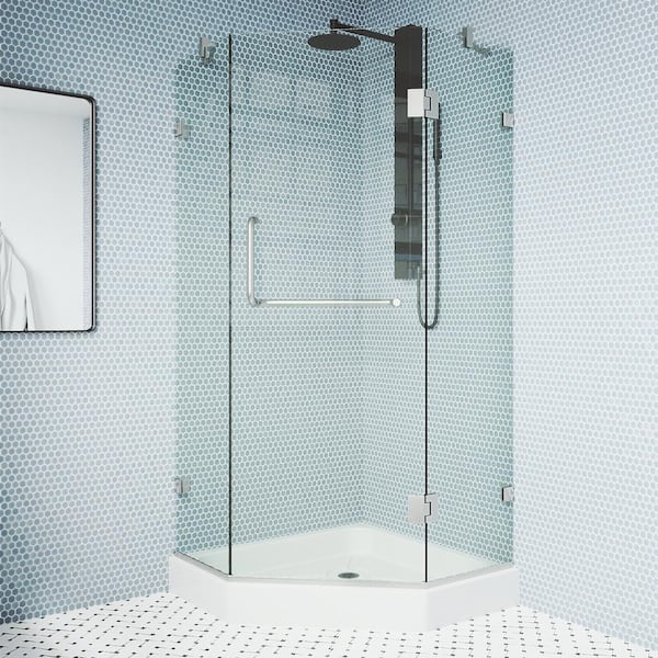 VIGO Piedmont 40 in. L x 40 in. W x 79 in. H Frameless Pivot Neo-angle Shower Enclosure in Brushed Nickel with Clear Glass