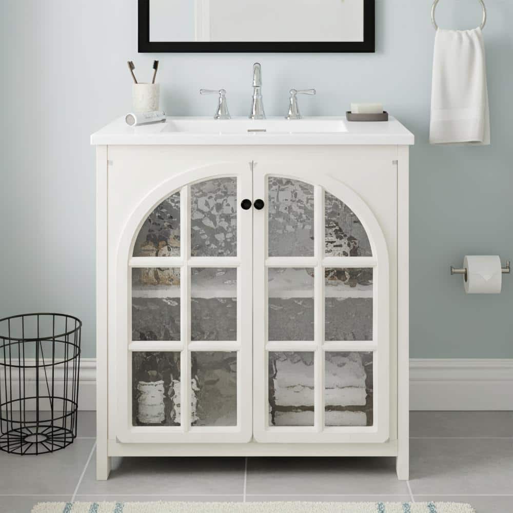 31 in. W x 19 in. D Faux Aged Antique White Freestanding Bathroom Vanity with Ceramic Sink and 2 Soft-Close Doors price history on PriceWatchPro