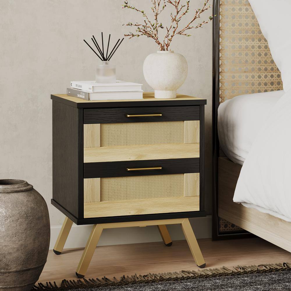Bestier 2Drawers Black Modern Rattan Beside End Table Bedroom
