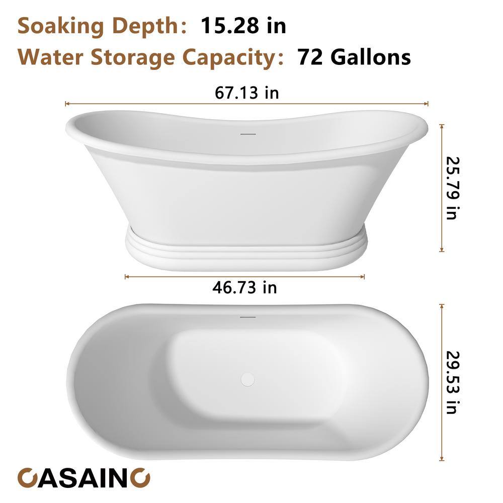 67" Matte White Stone Resin Freestanding Soaking Bathtub