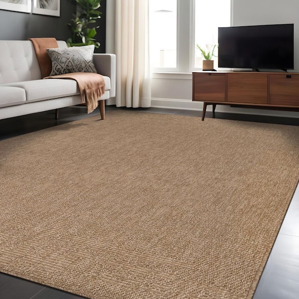 Natural 10 ft. x 14 ft. Solid Washable Modern Indoor Outdoor Area Rug