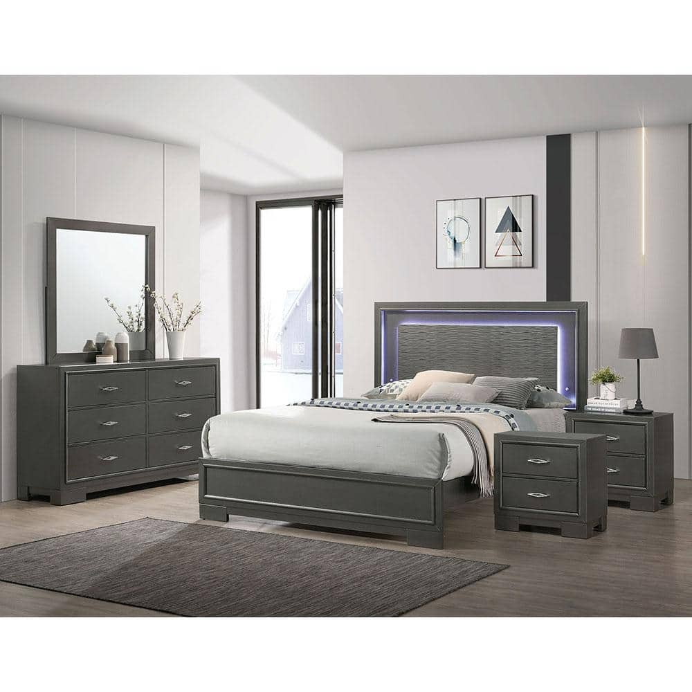 Jonvang 5-Piece Metallic Gray Wood California King Bedroom Set with Care Kit with Dresser/Mirror And 2-Nightstands -  Furniture of America, IDF7416GYCKNDMK