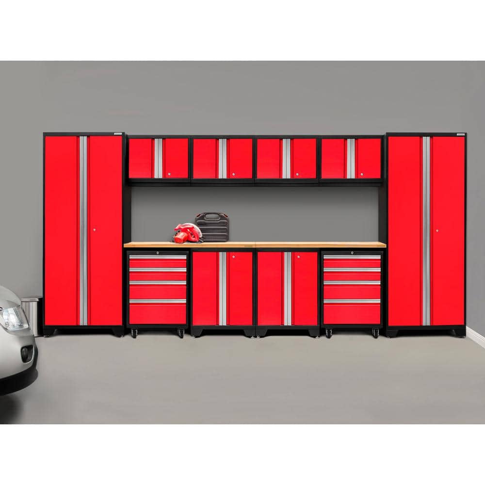 Deep Red 156" Steel Lockable Cabinet Set with Bamboo Worktop