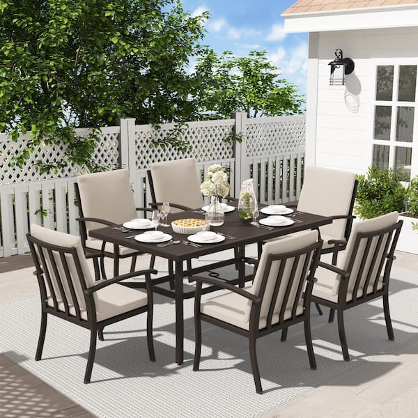EGEIROSLIFE AluLux 7-Piece Dark Brown Aluminum Ourdoor Dining Set with Rectangular Table and Washable Sandspit Brown Cushions