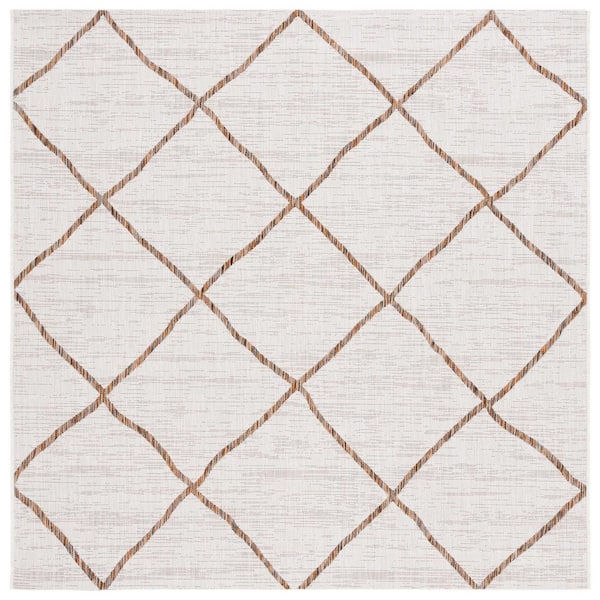 Courtyard Ivory/Brown 7 ft. x 7 ft. Trellis Impression Indoor/Outdoor Square Area Rug