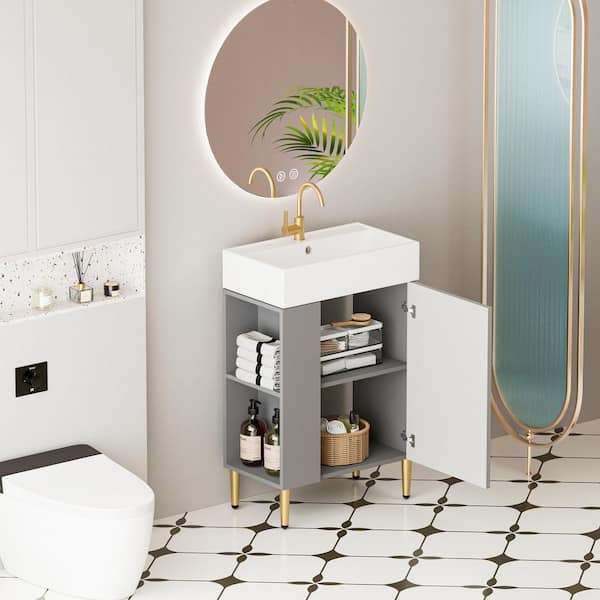Timell 21.6 in. Modern Freestanding Grey Bath Vanity with White Ceramic Top, Left Side Cabinet, Shelves