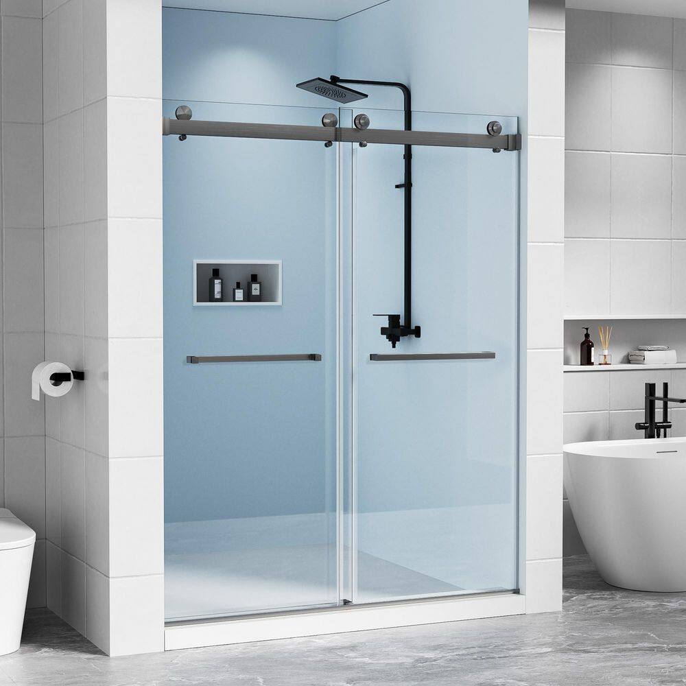56-61 in. W x 76 in. H Double Sliding Frameless Shower Door in Gungray with 3/8 in. Clear Tempered Glass, 2-Towel Bars price history on PriceWatchPro
