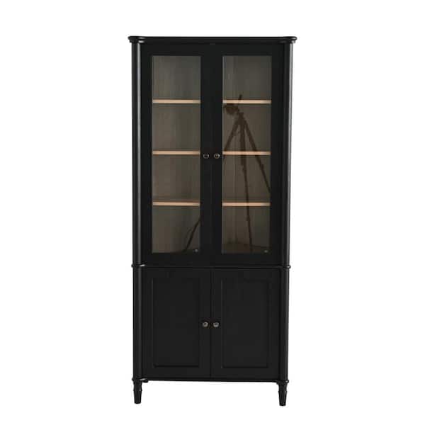 73.25 in. H x 33 in. W x 17.25 in. D Mid-Century Modern Display Cabinet with Glass Doors - Black