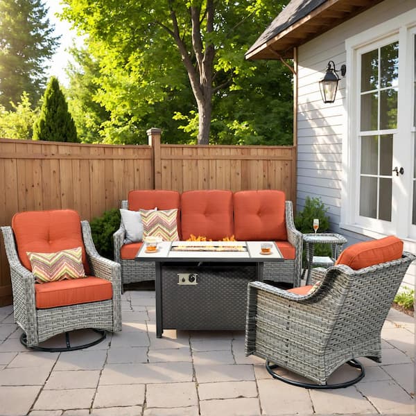 Toject Eureka Gray 5-Piece Wicker Outdoor Patio Conversation Sofa Chair Seating Set with Metal Fire Pit and Orange Red Cushions