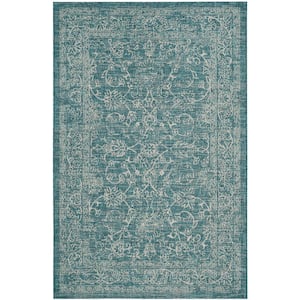 Courtyard Turquoise 5 ft. x 7 ft. Floral Border Indoor/Outdoor Area Rug
