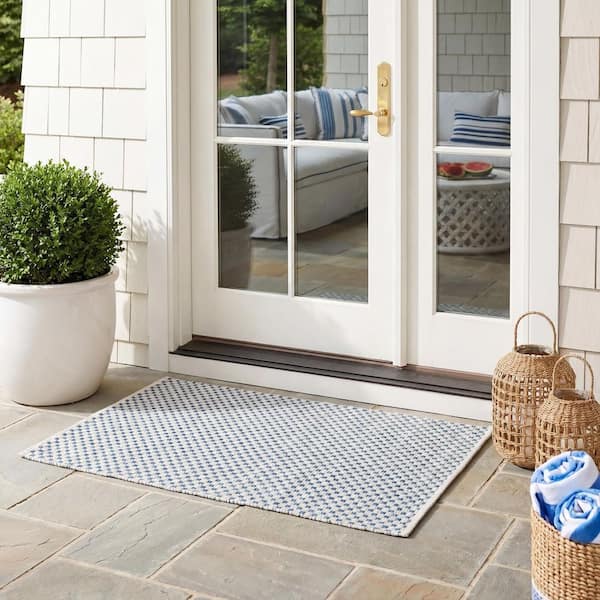 Courtyard Gray/Navy Doormat 2 ft. x 4 ft. Solid Indoor/Outdoor Patio Area Rug