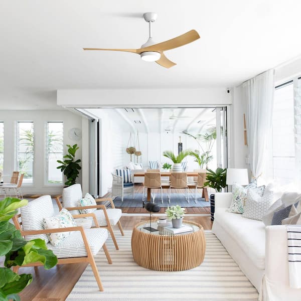 52 in. Modern Indoor White 3 Downrods Wood Grain Brown Blades Downrod Mount Standard Ceiling Fan with 3-Color LED Light