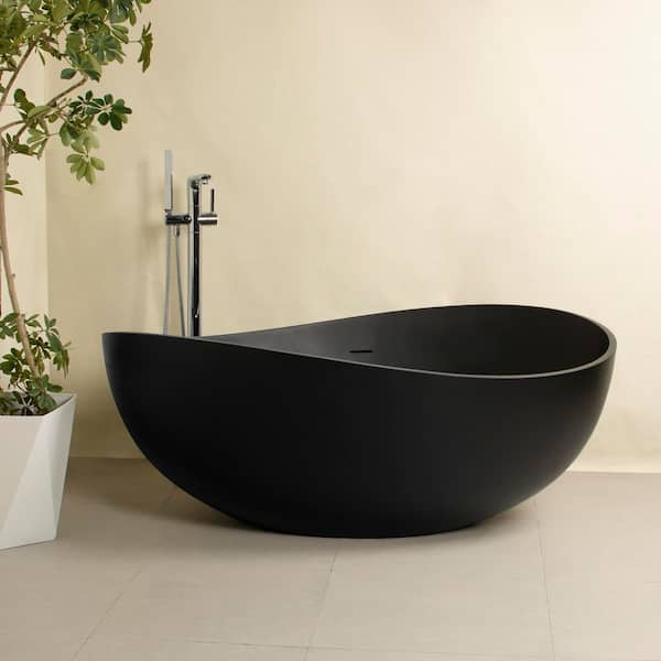 Xspracer Moray 63 in. x 37 in. Solid Surface Stone Resin Flatbottom Freestanding Bathtub Soaking Bathtub in Matte Black