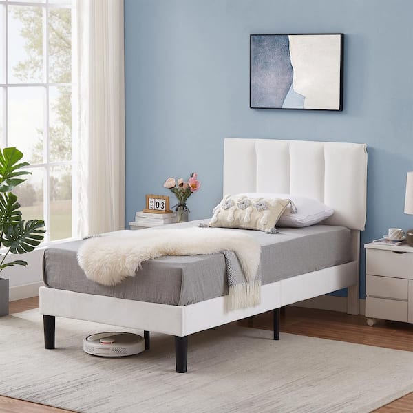 VECELO Upholstered Bed, Modern Platform Bed with Adjustable Headboard, Heavy-Duty Tufted Twin Bed Frame with Wood Slat, White