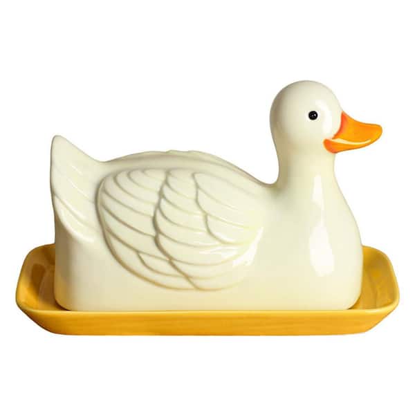 3D Duck Shaped Ceramic Butter Dish with Lid, Decorative Butter Keeper Tray for Kitchen Countertop, 7.4