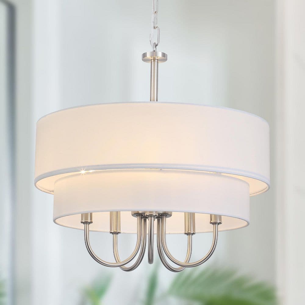 18 in. 5-Light Nickel Farmhouse Candle Chandelier with White Fabric 2 Tiered Drum Shape for Restaurant Stairway Bar price history on PriceWatchPro