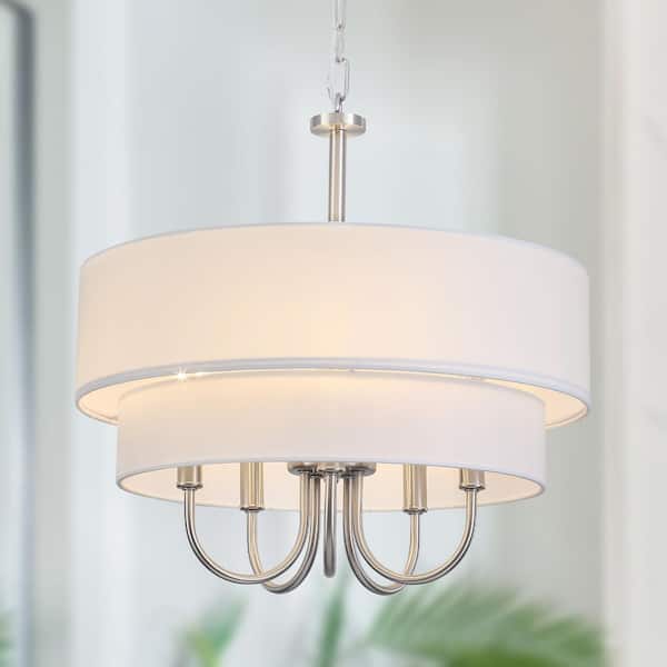 18 in. 5-Light Nickel Farmhouse Candle Chandelier with White Fabric 2 Tiered Drum Shape for Restaurant Stairway Bar