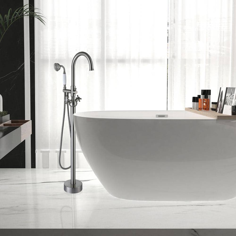 Brushed Nickel Freestanding Tub Filler with Handheld Shower