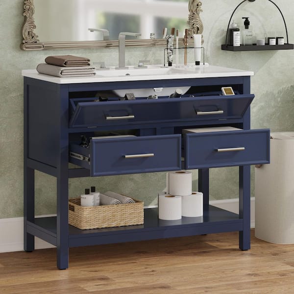 36 in. Freestanding Blue Bath Vanity with White Ceramic Top, 3 Drawer, Open Shelf Bathroom Storage Cabinet Unassembled